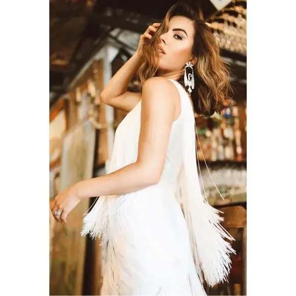 NO PISE LA GRAMA Cascada One Shoulder Fringe Satin White Mini Dress Sz 0 - Picture 2 of 11